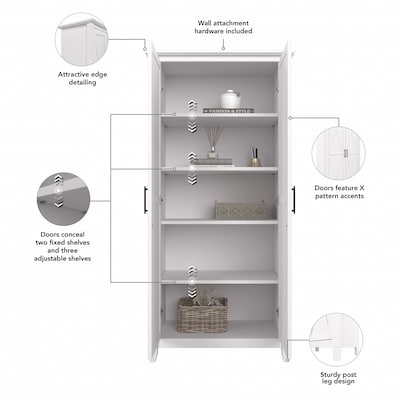 Bush Furniture Key West 66" Tall Storage Cabinet with Doors and 5 Shelves, Pure White Oak (KWS266WT-03)