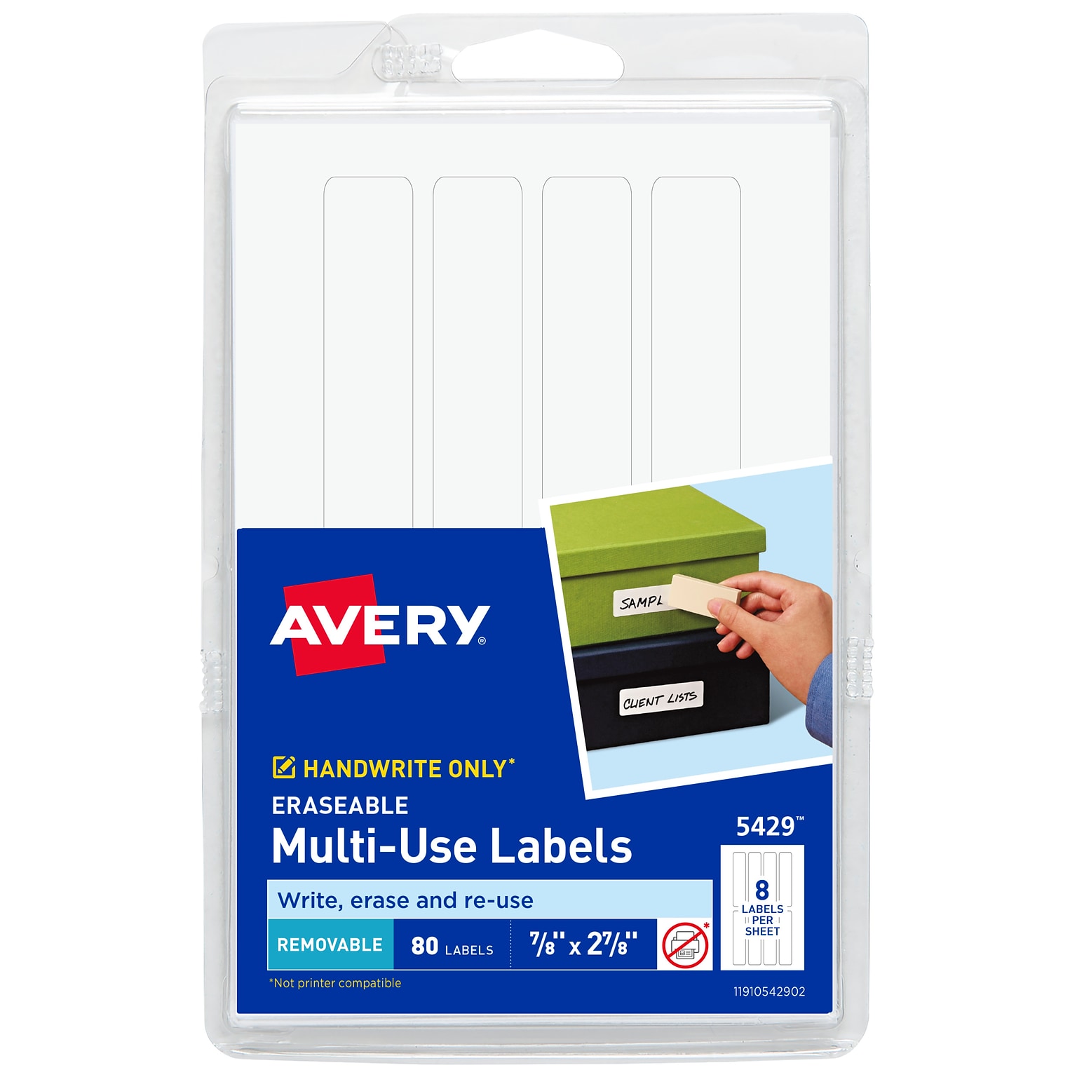 Avery Erasable Multiuse Removable Labels, 7/8 x 2-7/8, White, 8 Labels/Sheet, 10 Sheets/Pack, 80 Labels/Pack (5429)