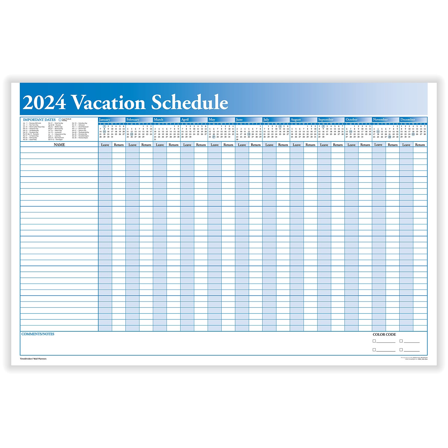 2024 ComplyRight Full Vacation Schedule, 24 x 36 Yearly Dry Erase Wall Calendar, Blue/White (J0063)