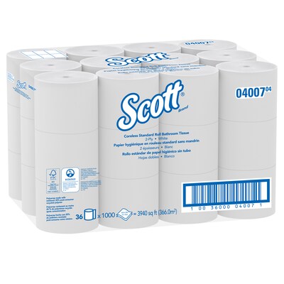 Scott Essential Recycled Coreless Toilet Paper, 2-ply, White, 1000 Sheets/Roll, 36 Rolls/Case (04007
