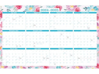 2024-2025 AT-A-GLANCE Badge Floral 36 x 24 Academic & Calendar Yearly Dry-Erase Wall Calendar, Rev