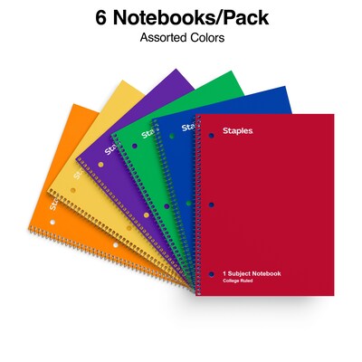 Staples 1-Subject Notebooks, 8" x 10.5", College Ruled, 70 Sheets, Assorted Colors, 6/Pack (TR58376)