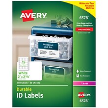 Avery Durable Laser Identification Labels, 2 x 2 5/8, White, 15 Labels/Sheet, 50 Sheets/Box (6578)