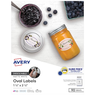 Avery Sure Feed Dissolvable Laser/Inkjet Labels, 1 1/2x 2 1/2, White, 18 Labels/Sheet, 5 Sheets/Pa