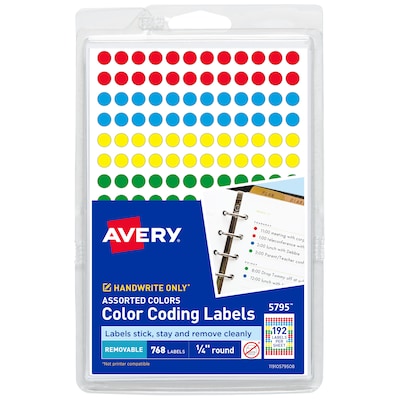 Avery Hand Written Color Coding Labels, 1/4 Dia., Assorted Colors, 192 Labels/Sheet, 4 Sheets/Pack