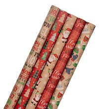 JAM PAPER Assorted Gift Wrap, Christmas Kraft Wrapping Paper, 125 Sq Ft Total, Kids Kraft Christmas