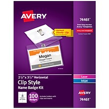 Avery Clip Style Laser/Inkjet Name Badge Kit, 2 1/4 x 3 1/2, Clear Holders with White Inserts, 100