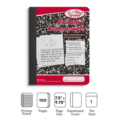Staples® Composition Notebook, 7.5 x 9.75, Primary Ruled, 100 Sheets, Red/Black Marble (42079)