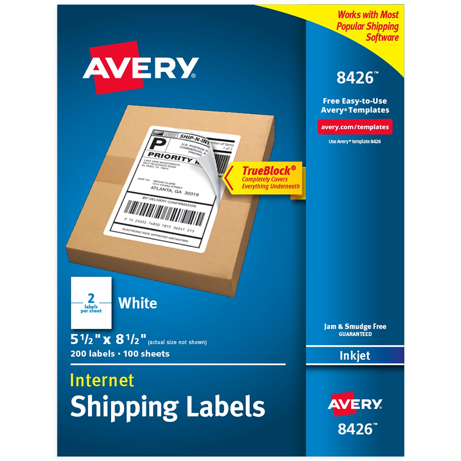 Avery Inkjet Shipping Labels, 5-1/2 x 8-1/2, White, 2 Labels/Sheet, 100 Sheets/Box, 200 Labels/Box (8426)
