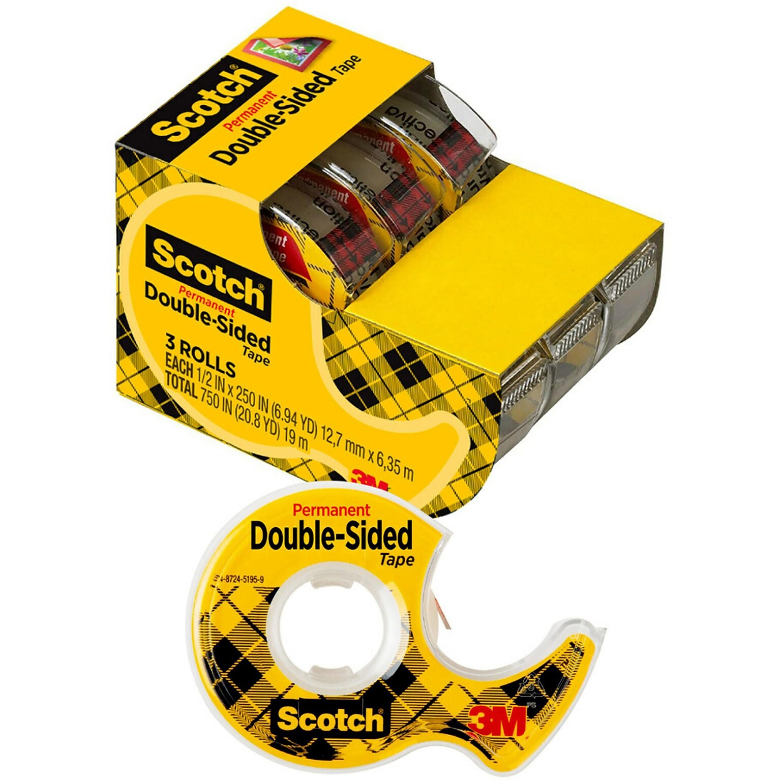 Scotch Permanent Double Sided Tape with Dispenser, 1/2 in x 250 in, 3 Tape Rolls, Home Office and Back to School Supplies