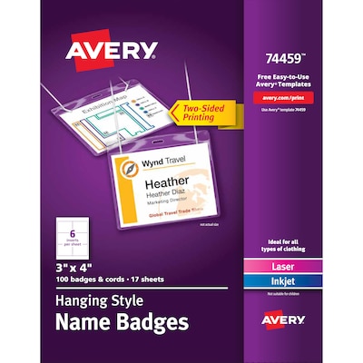Avery Hanging Style Laser/Inkjet Name Badge Kit, 3 x 4, Clear Holders with White Inserts, 100/Box
