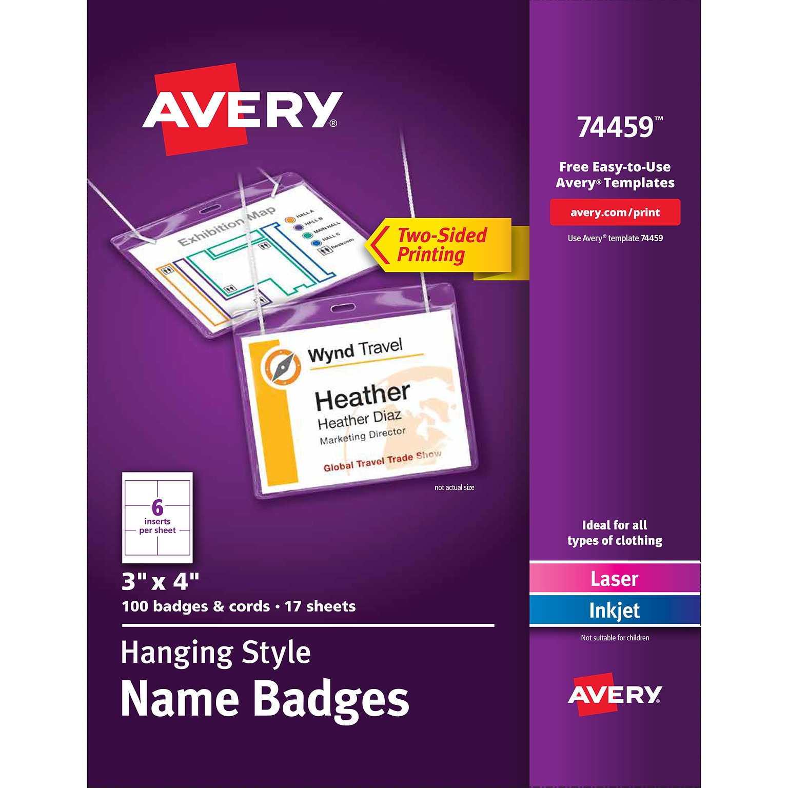 Avery Hanging Style Laser/Inkjet Name Badge Kit, 3 x 4, Clear Holders with White Inserts, 100/Box (74459)