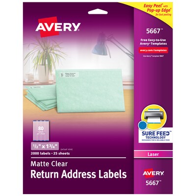 Avery Easy Peel Laser Return Address Labels, 1/2 x 1-3/4, Clear, 80 Labels/Sheet, 25 Sheets/Pack (