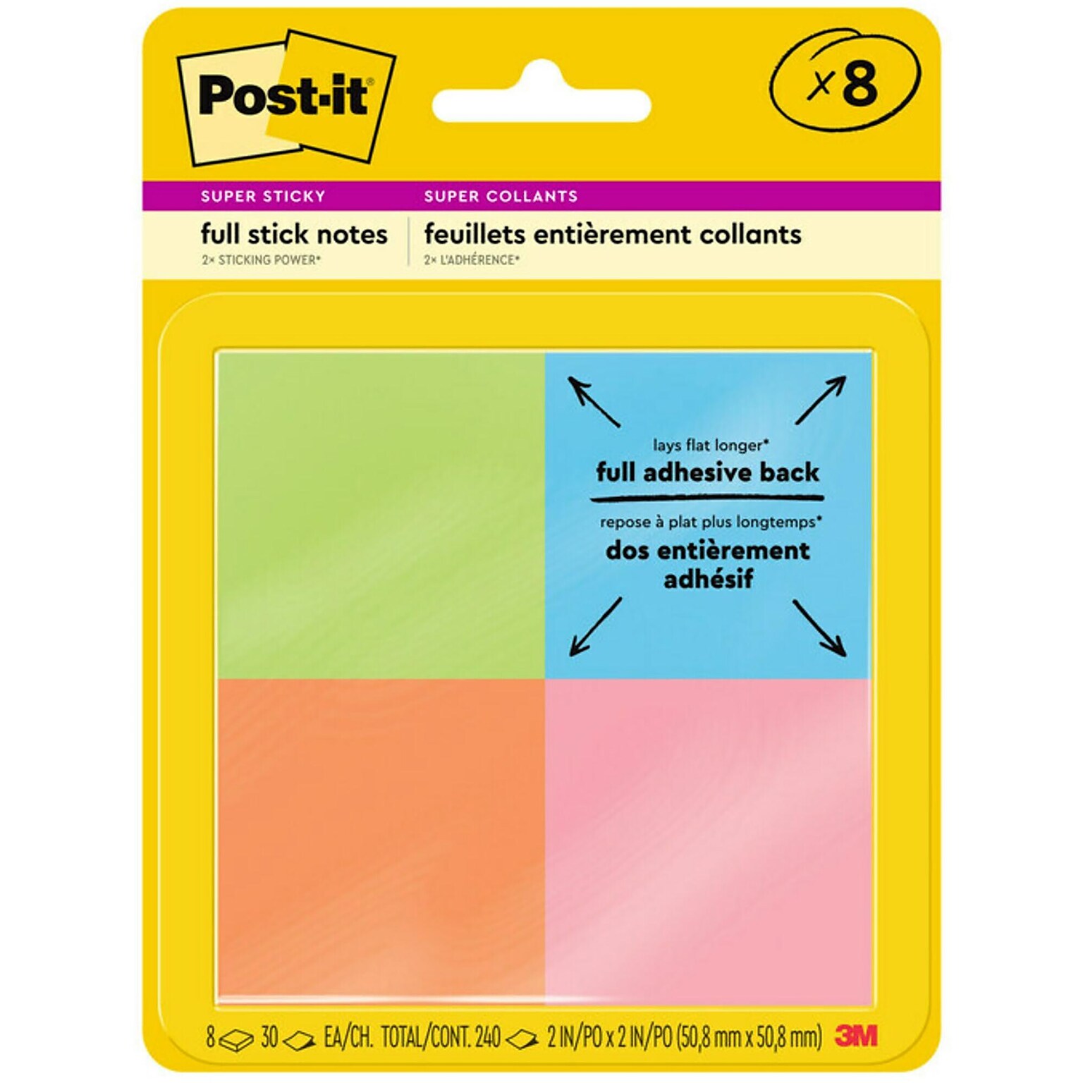 Post-it Full Adhesive Notes, 2 x 2, Energy Boost Collection, 25 Sheet/Pad, 8 Pads/Pack (F220-8SSAU)
