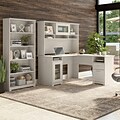 Bush Furniture Cabot 60 L-Shaped Desk with Hutch and 5-Shelf Bookcase, Linen White Oak (CAB011LW)