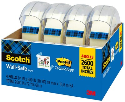 Scotch Wall-Safe Transparent Clear Tape Refill, 0.75" x 18.05 yds., 1" Core, 4 Rolls/Pack (4183)