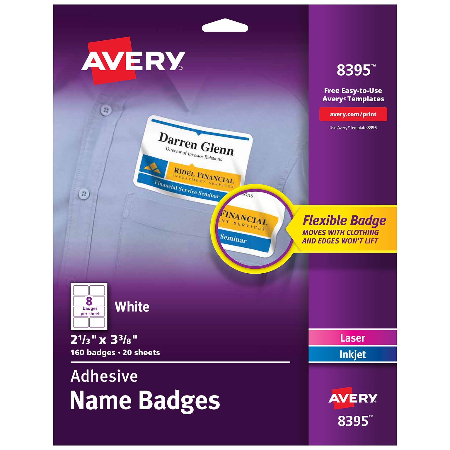 Avery Adhesive Laser/Inkjet Name Badges, 2 1/3 x 3 3/8, White, 160 Labels Per Pack (8395)