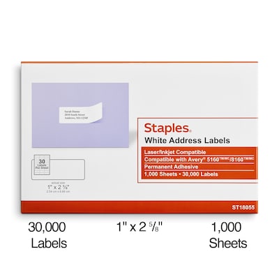 Staples® Laser/Inkjet Address Labels, 1 x 2 5/8, White, 30 Labels/Sheet, 1000 Sheets/Pack, 30,000