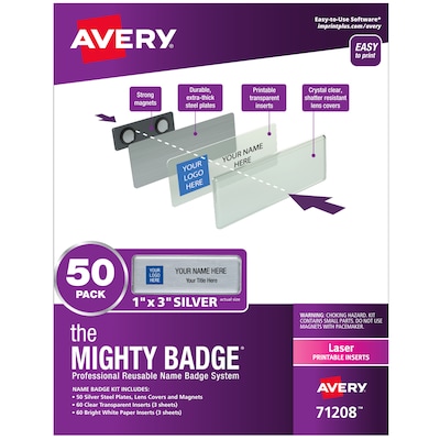 Avery The Mighty Badge Laser Reusable  Magnetic Name Badge System, 1 x 3, Silver, 120 Inserts, 50/