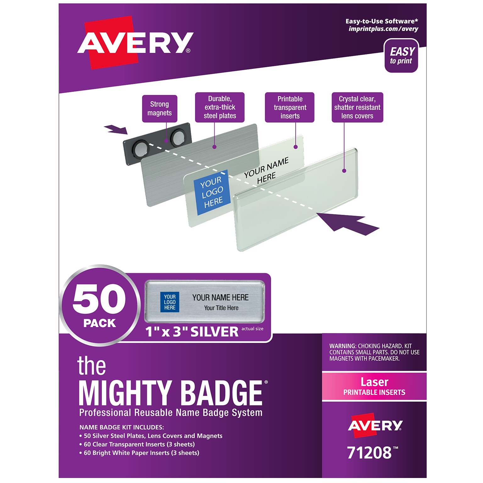 Avery The Mighty Badge Laser Reusable  Magnetic Name Badge System, 1 x 3, Silver, 120 Inserts, 50/Pack (71208)