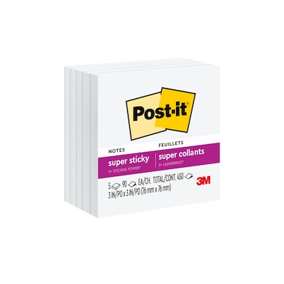 Post-it Super Sticky Notes, 3 x 3, White, 90 Sheet/Pad, 5 Pads/Pack (654-5SSW)