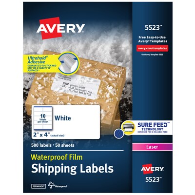 Avery Waterproof Laser Shipping Labels, 2 x 4, Matte White, 10 Labels/Sheet, 50 Sheets/Box, 500 La