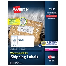 Avery Waterproof Laser Shipping Labels, 2 x 4, Matte White, 10 Labels/Sheet, 50 Sheets/Box, 500 La