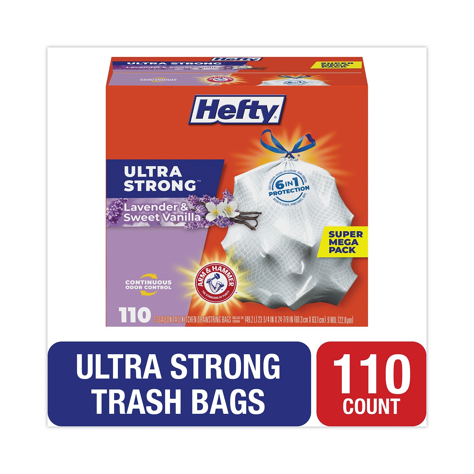 Hefty® Ultra Strong Scented Tall White Kitchen Bags, 13 gal, 0.9 mil, 23.75 x 24.88, White, 110/Box