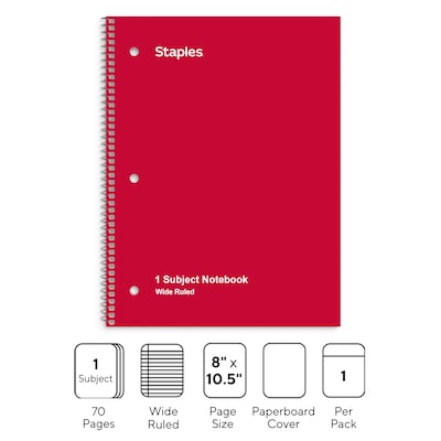Staples 1-Subject Notebook, 8 x 10.5, Wide Ruled, 70 Sheets, Red (TR24007)