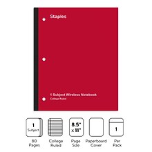Staples Wireless 1-Subject Notebook, 8.5 x 11, College Ruled, 80 Sheets, Red (ST58379)