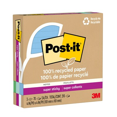 Post-it Recycled Super Sticky Notes, 4 x 4, Oasis Collection, Lined, 70 Sheet/Pad, 3 Pads/Pack (67