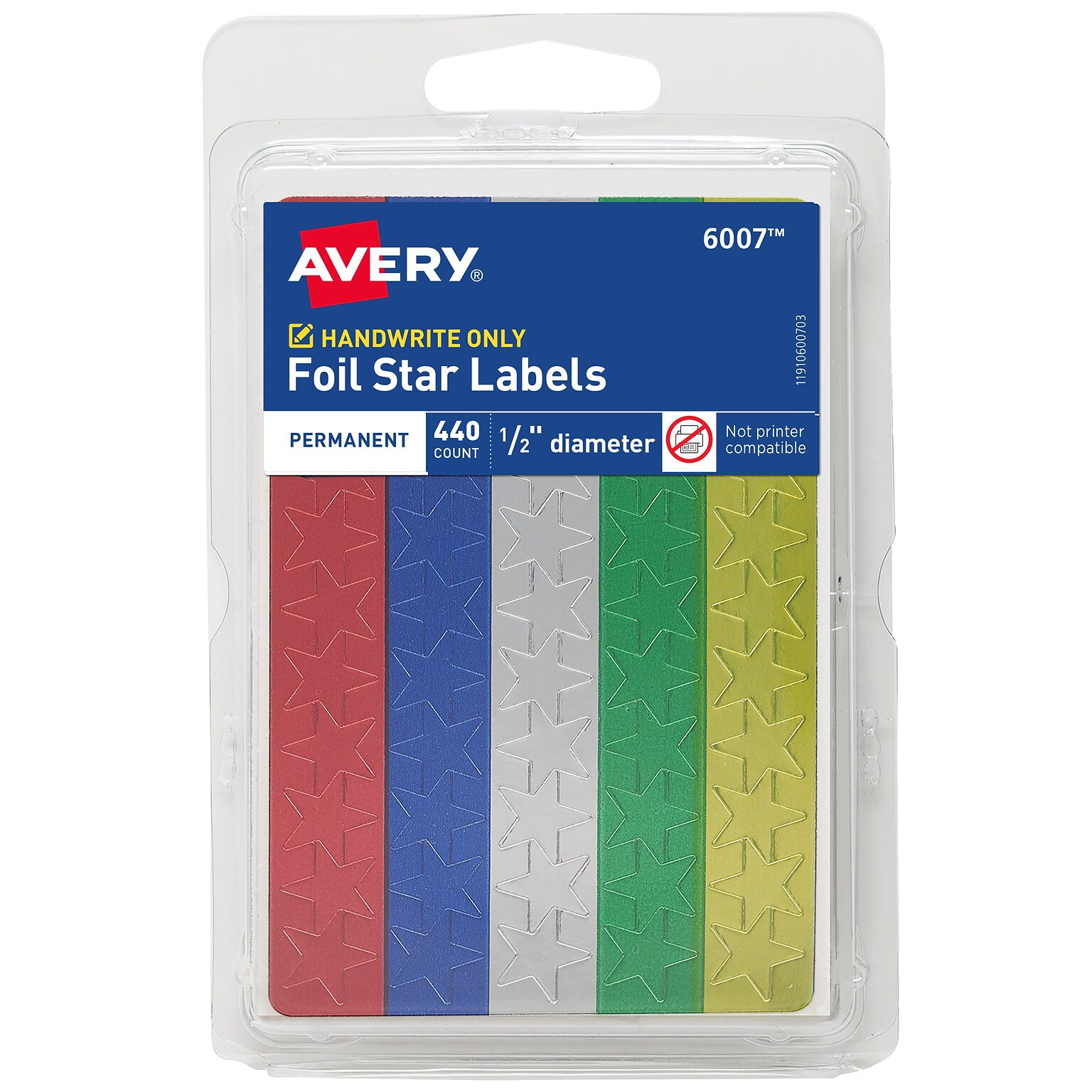 Avery Hand Written Identification & Color Coding Labels, 0.5Dia., Blue/Gold/Green/Red/Silver, 440/Pack (6007)