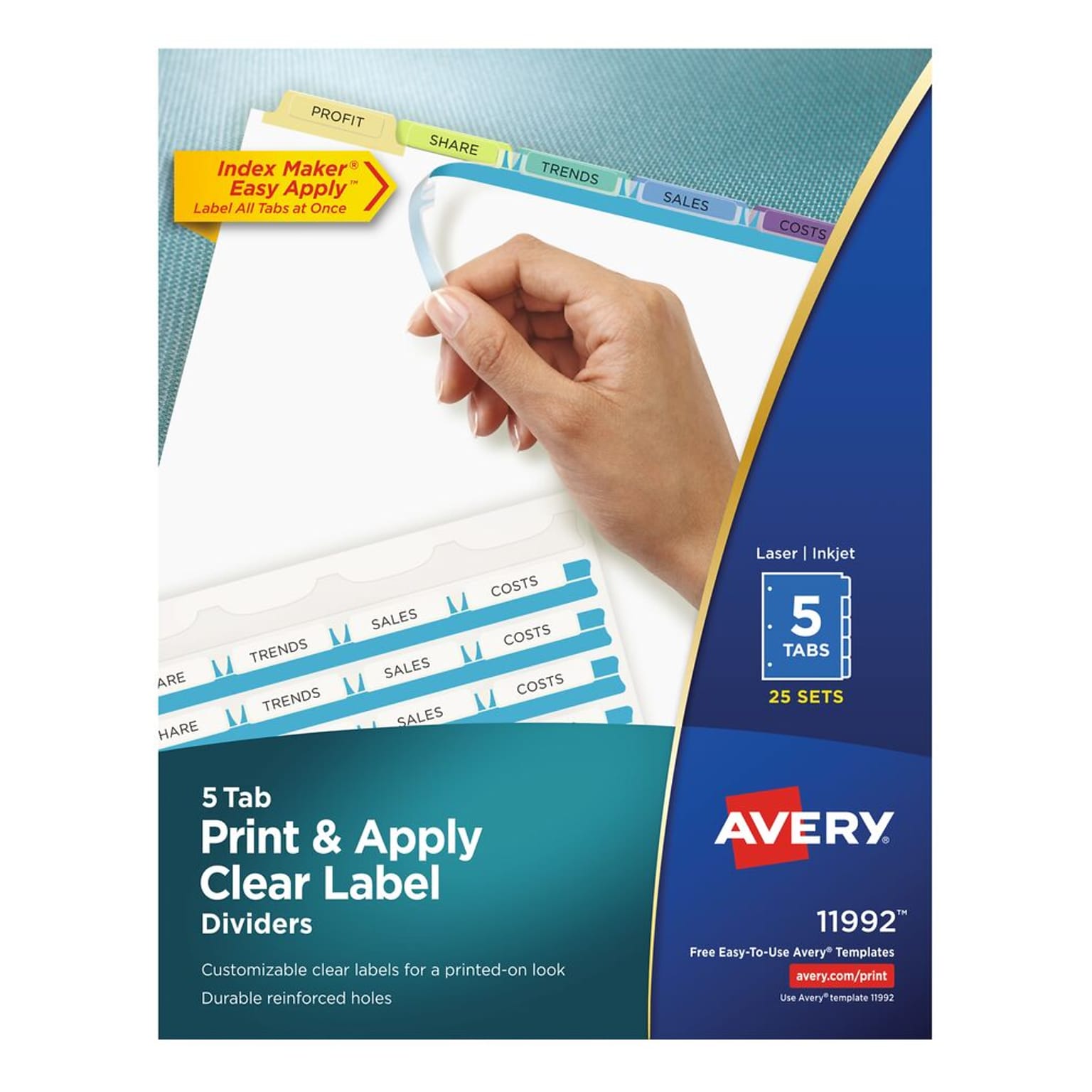 Avery Index Maker Paper Dividers with Print & Apply Label Sheets, 5 Tabs, Pastel, 25 Sets/Pack (11992)