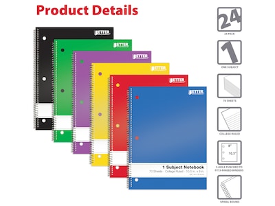 Better Office 1-Subject Notebooks, 8 x 10.5, College Ruled, 70 Sheets, 24/Pack (25724-24PK)