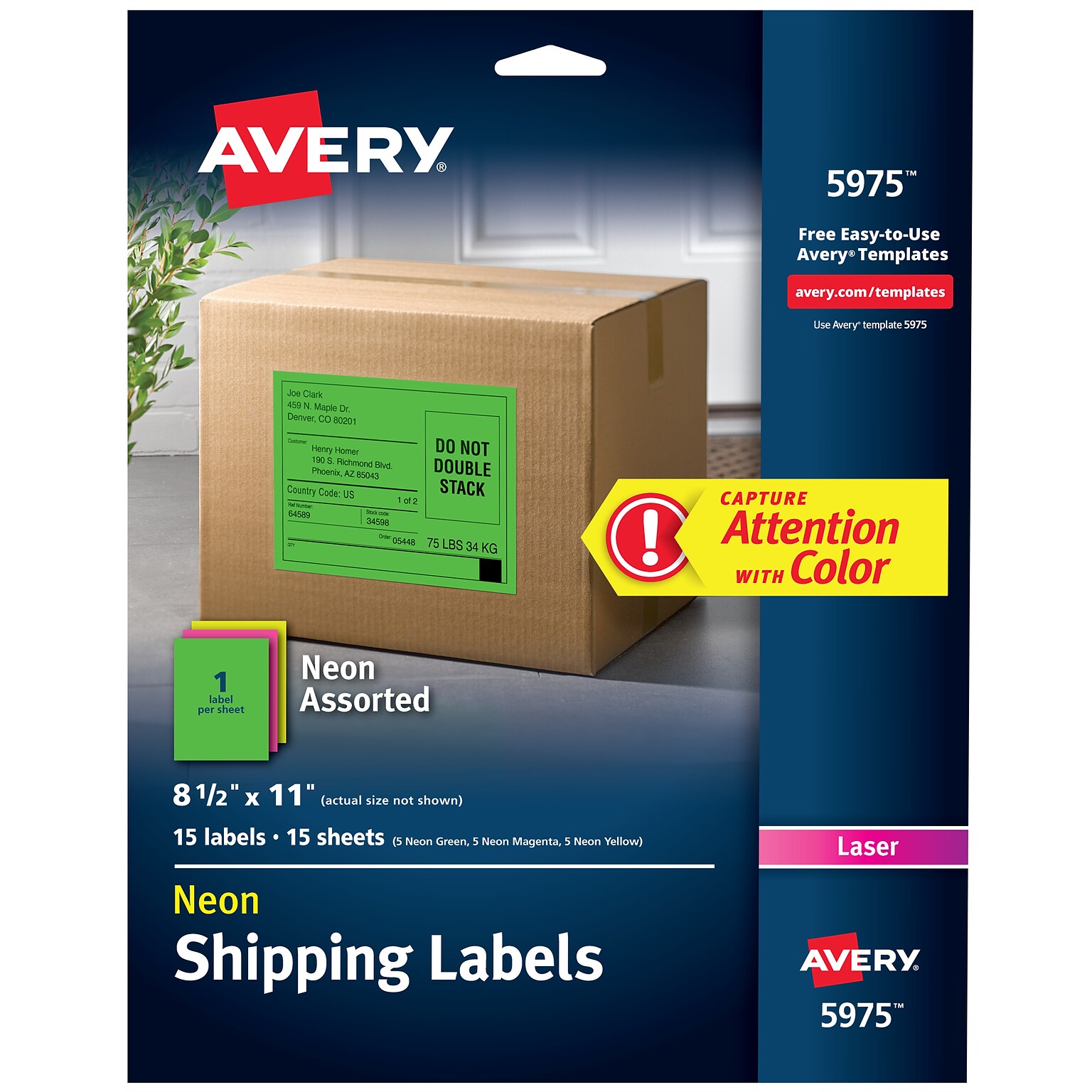 Avery Laser Shipping Labels, 8-1/2 x 11, Assorted Neon Colors, 1 Label/Sheet, 15 Sheets/Pack (5975)