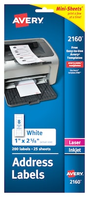 Avery Mini-Sheets Laser/Inkjet Address Labels, 1 x 2-5/8, White, 8 Labels/Sheet, 25 Sheets/Pack (2