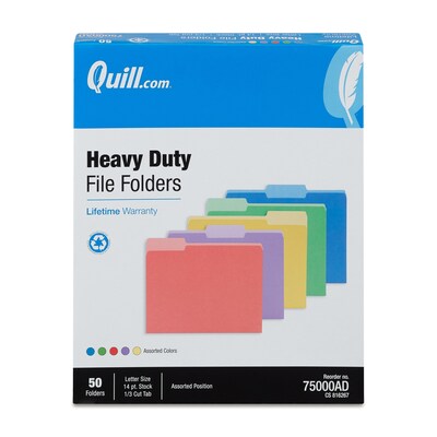 Quill Brand® Heavy-Duty File Folders, Assorted Tabs, 1/3-Cut, Letter Size, Assorted Colors, 50/Box (75000AD)