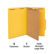 Quill Brand® 2/5-Cut Tab Pressboard Classification File Folders, 1-Partition, 4-Fasteners, Legal, Ye