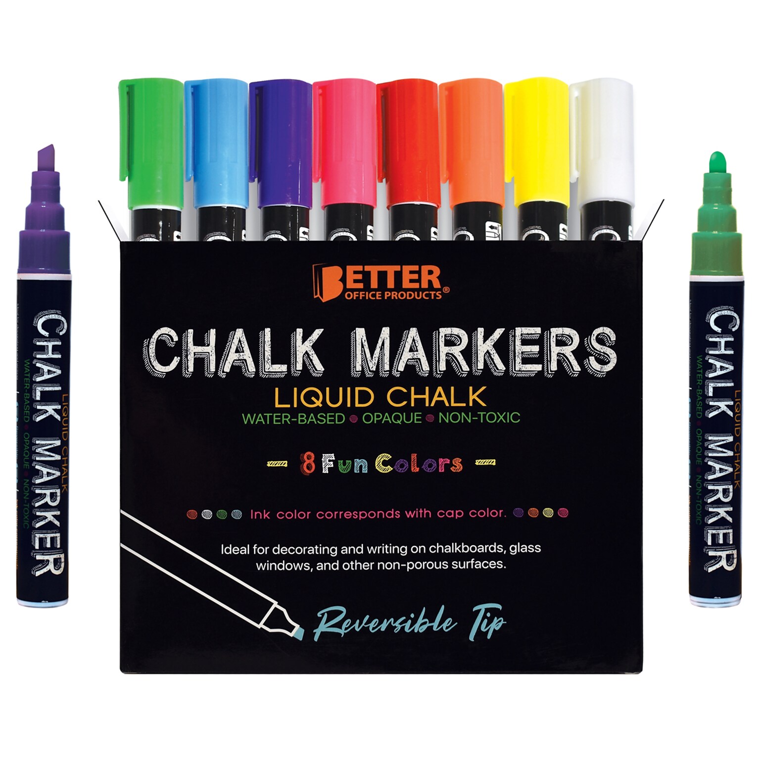 Better Office Products Liquid Chalk Markers, Water-Based, Reversible Tip (Chisel/Bullet), Assorted Colors, 8/Pack (00641-8PK)