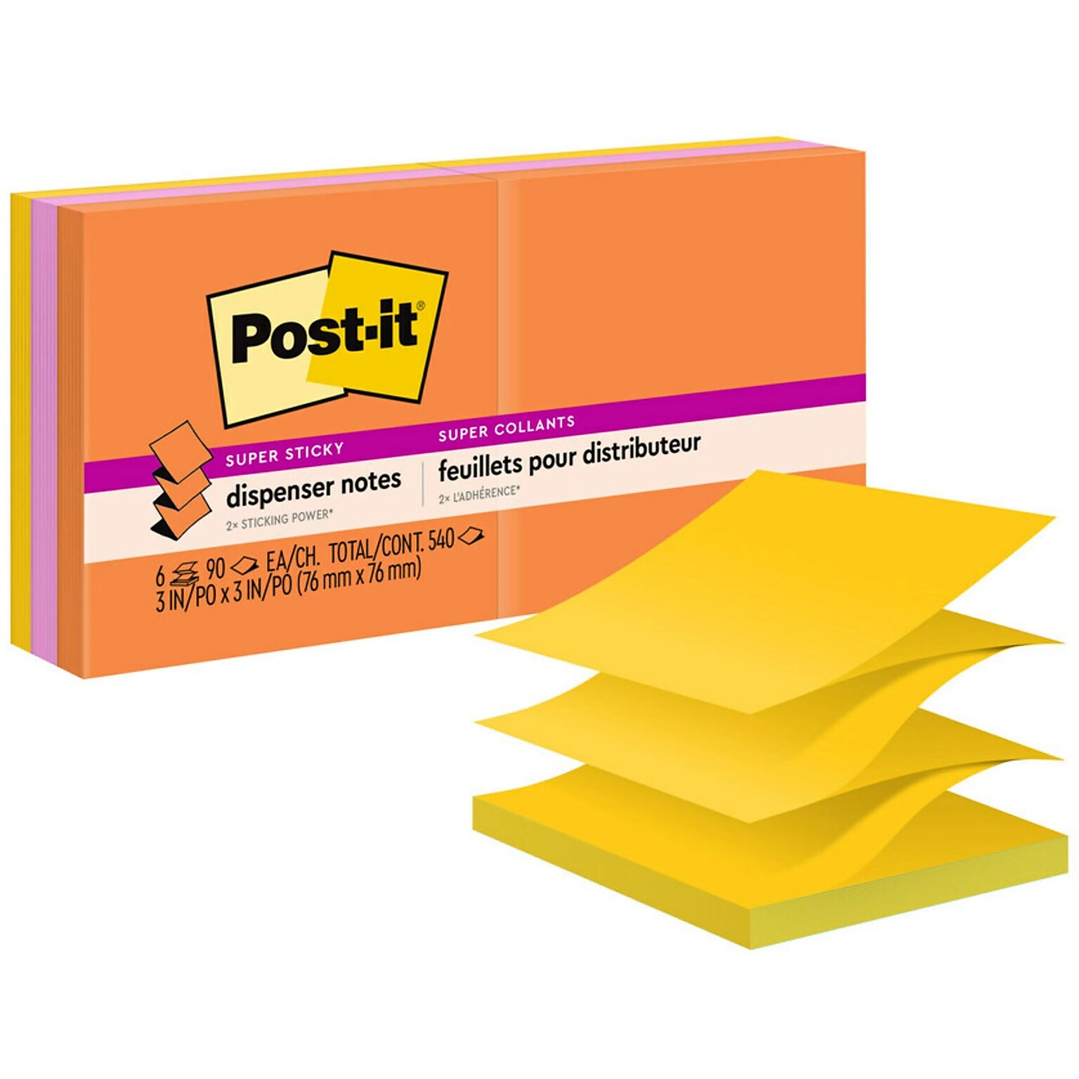Post-it Super Sticky Pop-up Notes, 3 x 3, Energy Boost Collection, 90 Sheet/Pad, 6 Pads/Pack (R330-6SSUC)