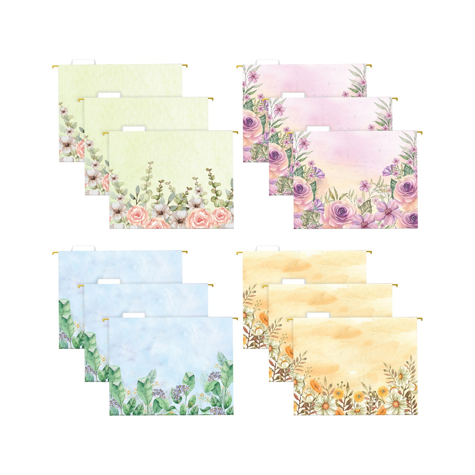 Global Printed Products Deluxe Designer Watercolor Floral Heavy-Duty Hanging File Folders, Letter-Size, Assorted Colors