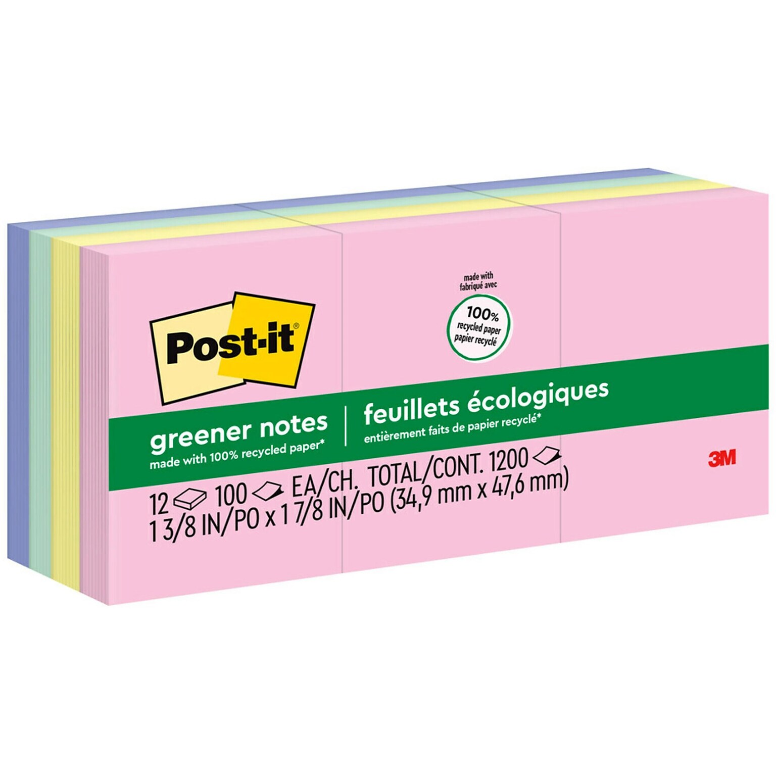 Post-it Recycled Notes, 1 3/8 x 1 7/8, Sweet Sprinkles Collection, 100 Sheet/Pad, 12 Pads/Pack (653RPA)