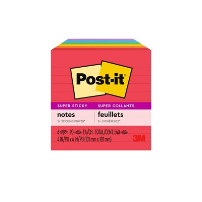 Post-it Super Sticky Notes, 4 x 4, Playful Primaries Collection, Lined, 90 Sheet/Pad, 6 Pads/Pack