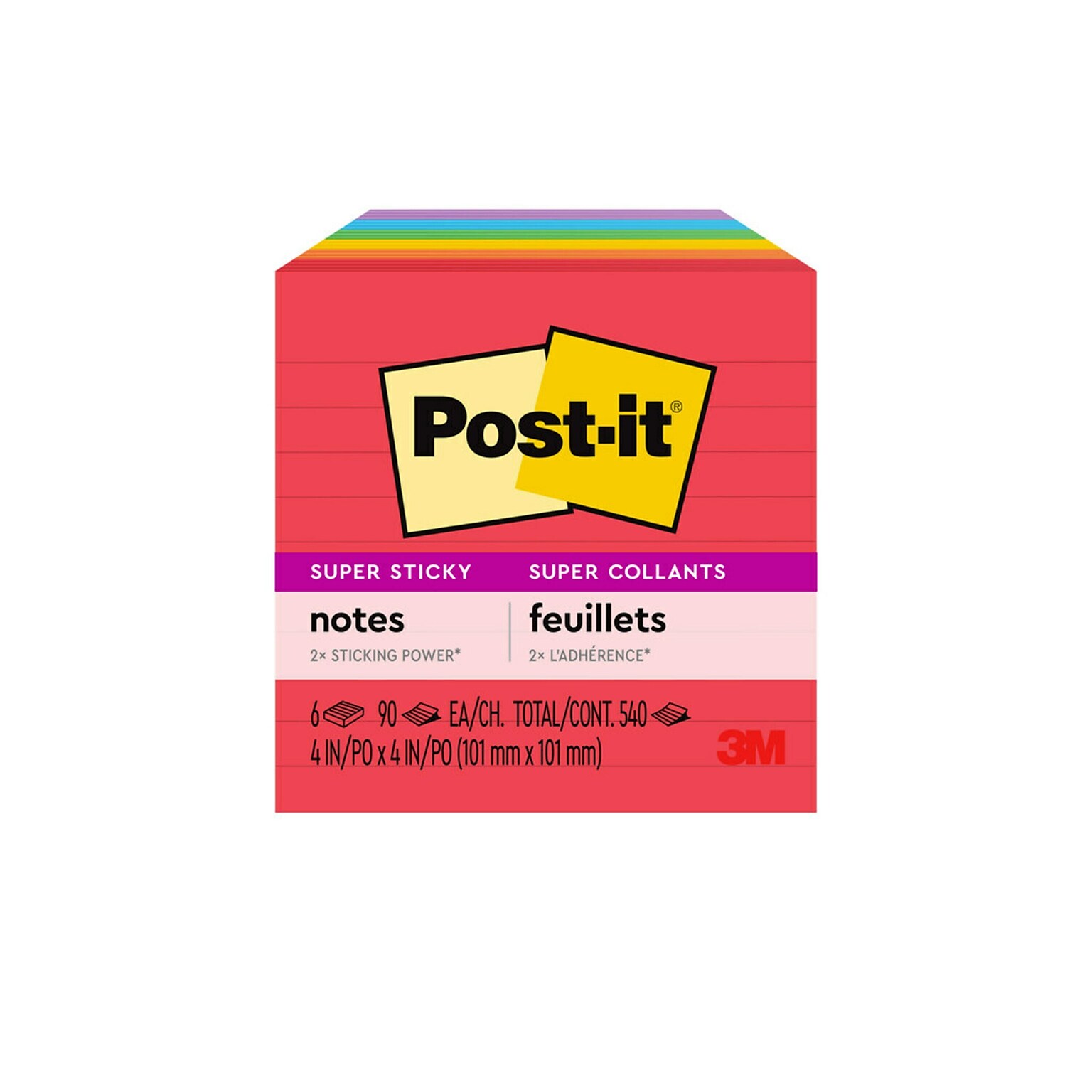 Post-it Super Sticky Notes, 4 x 4, Playful Primaries Collection, Lined, 90 Sheet/Pad, 6 Pads/Pack (6756SSAN)