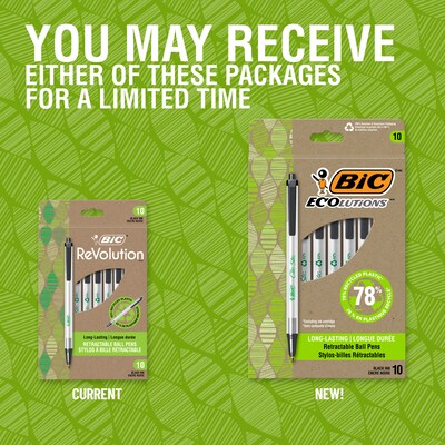 BIC Ecolutions Clic Stic Retractable Ballpoint Pens, Medium Point, Black Ink, 10/Pack (CSEM10-BLK)