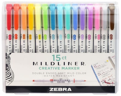 Zebra Mildliner Twin Tip Highlighters, Bullet/Chisel Tip, Assorted, 15/Pack (78115)