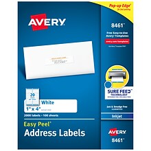 Avery Easy Peel Inkjet Address Labels, 1 x 4, White, 20 Labels/Sheet, 100 Sheets/Box (8461)