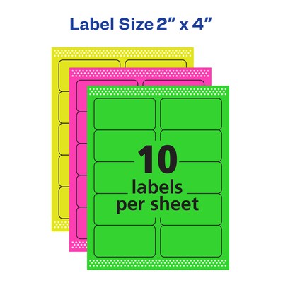 Avery Sure Feed Laser Shipping Labels, 2" x 4", Assorted Neon Colors, 10 Labels/Sheet, 15 Sheets/Pack (5978)