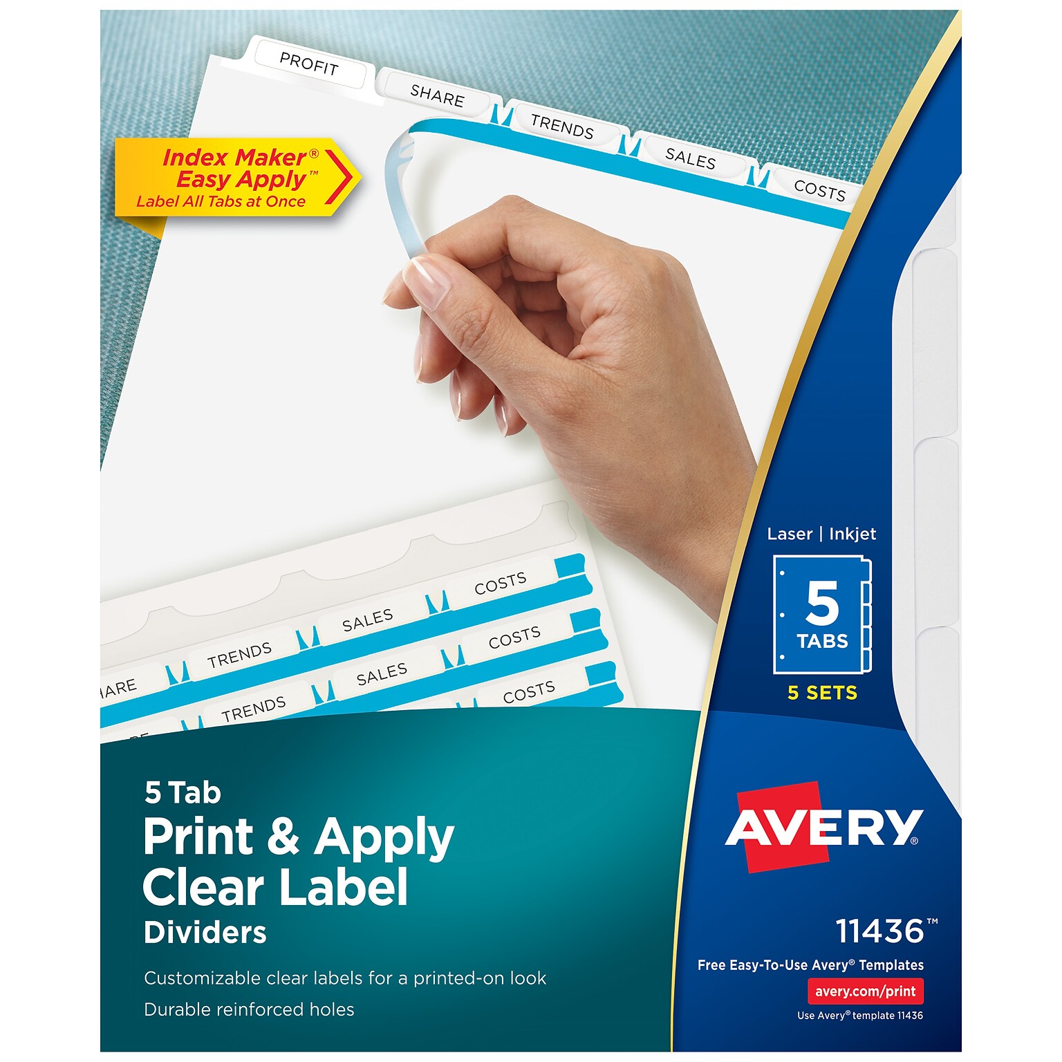 Avery IndexMaker Print & Apply Label Dividers, 5-Tab, Clear, 5/Pack (11436)