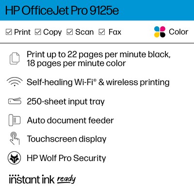 HP OfficeJet Pro 9125e Wireless All-in-One Color Inkjet Printer Scanner Copier, Best for Home Office, 3 months FREE INK (403X0A)